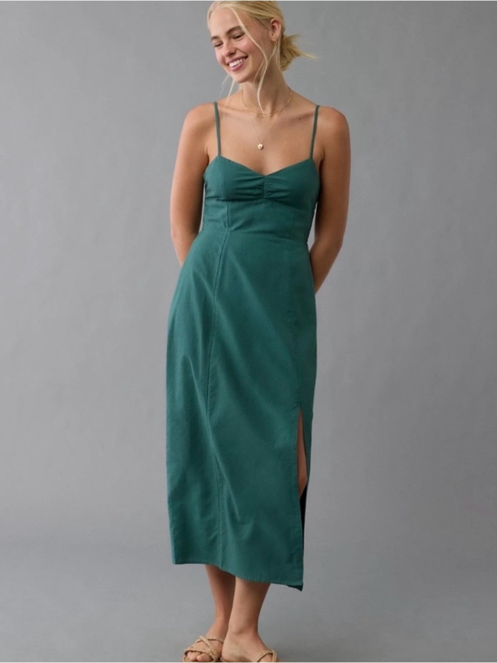American Eagle Cotton and Linen Blend Green Spaghetti-Strap Midi Dress